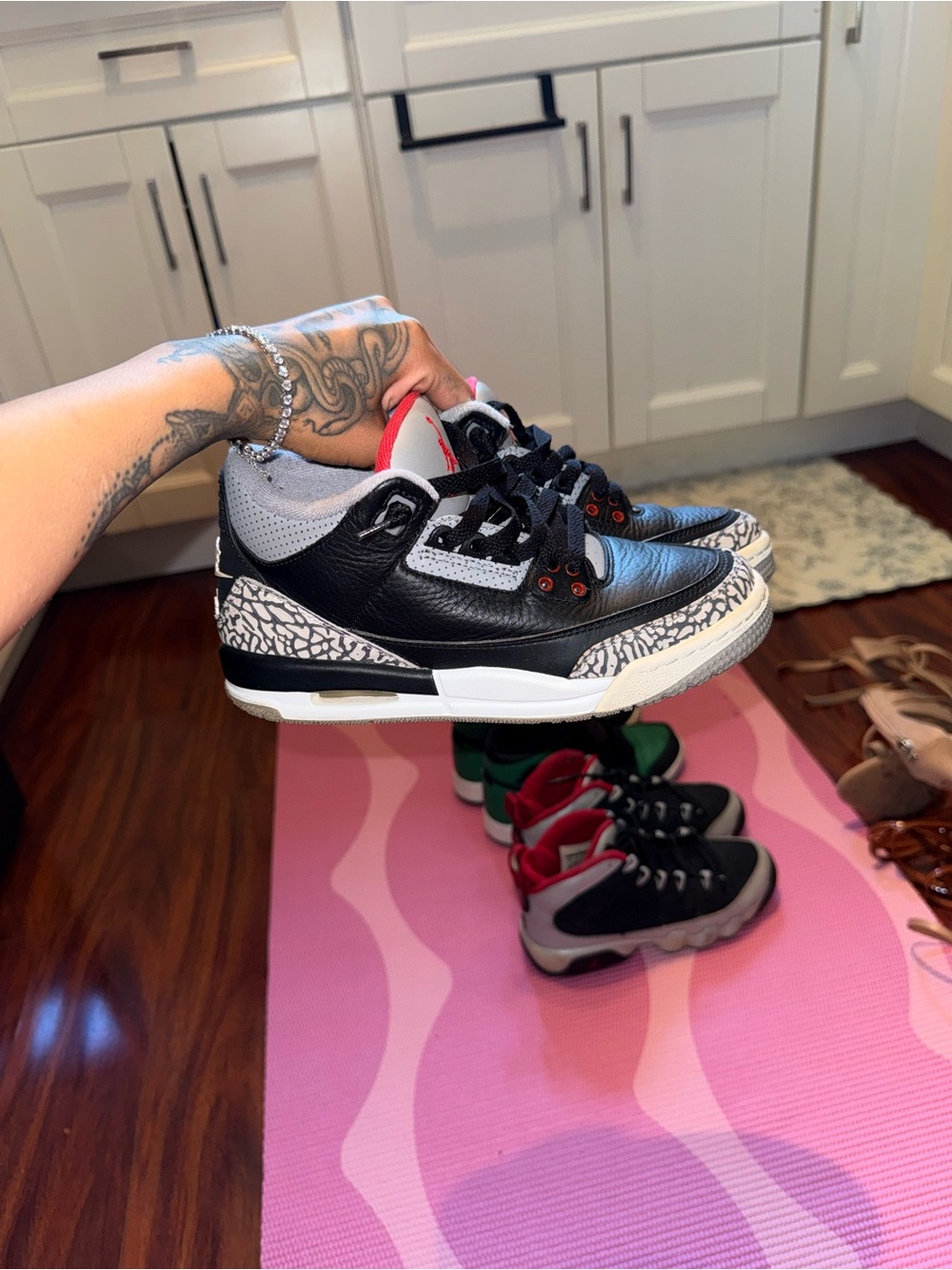 Jordan Kids Black and Gray Retro 3 Sneakers with Red Tongue Accents